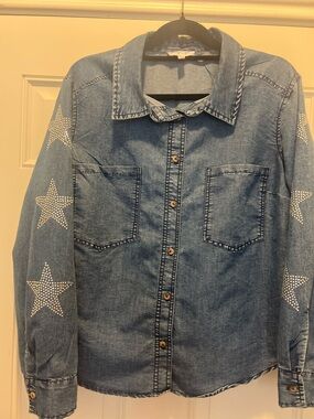 Indigo Blue Denim Button-Down Shirt with Star Stud Detail - Blue